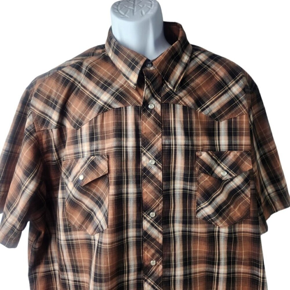 Wrangler Retro Brown Plaid Western Shirt Sawtooth Pockets Pearl Snap Button 3XL